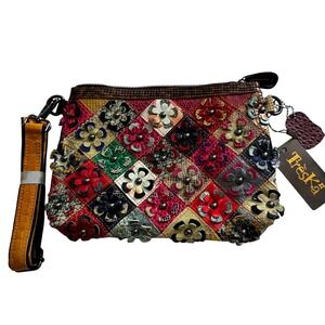 Treska Leather Patchwork Flower Applique Crossbody Bag Multicolor Boho